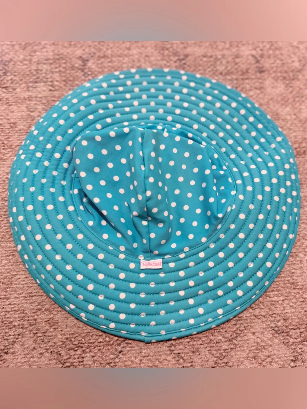 RuffleButts Reversible Sun Hat Girls 3T-5 Aqua Polka Dot Stripe